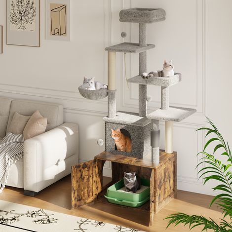 Meuble cache litière pour chat – Arbre à chat 3-en-1, immense maison, plateformes, hamac, griffoirs – Mobilier moderne en bois pour chats d’intérieur, marron rétro