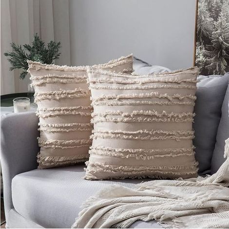 Lot de 2 Housses de Coussins Mélangés Decoration Taie d'oreiller effrangée Protecteurs de Coussin Lin Decor Classic pour Canapé Maison Chambre Salon 45 45 CM Beige (1/4)