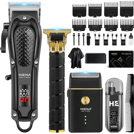 HIENA PRO Tondeuse à cheveux pour homme, sans fil, tondeuse à barbe, rasoir à lames, tondeuse à nez, kit complet de rasage et de coupe de cheveux électrique (4 pièces)