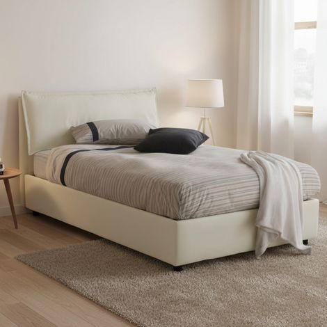 Talamo Italia Cama de plaza y media Claudia, Cama contenedor con revestimiento de tela, 100% Made in Italy, Apertura frontal, adecuado para colchón 120x200 cm, Beige, con embalaje reforzado (1/5)