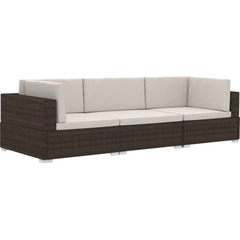 Set sofás de jardín 3 piezas y cojines ratán sintético marrón vidaXL