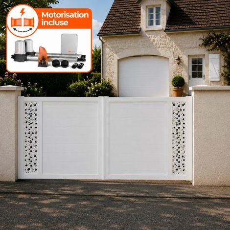 Portail battant électrique PVC blanc avec moteur Sentinel H 140 x L 350 ARLES DÉCOR CARRÉ (1/5)