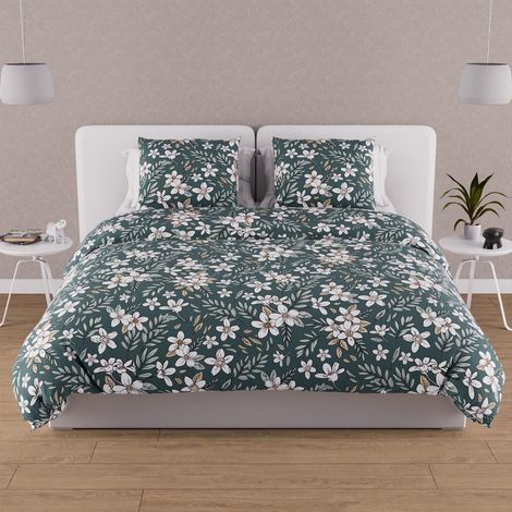 Parure Housse de Couette en Coton 57 Fils 260x240 cm Manon Vert (1/5)