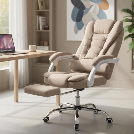 Sillón ejecutivo de oficina con función de masaje, calefacción, altura regulable, respaldo reclinable y tapizado en tela de lino beige.