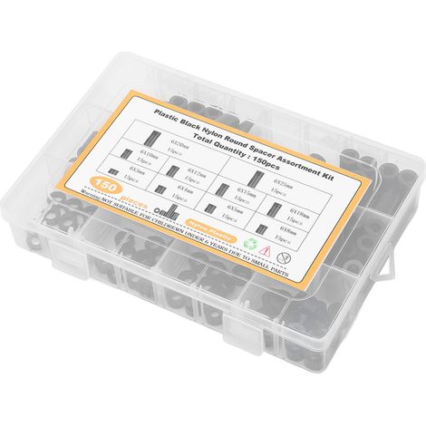 Assortiment de 150 entretoises rondes en nylon noir pour vis et quincaillerie (1/5)