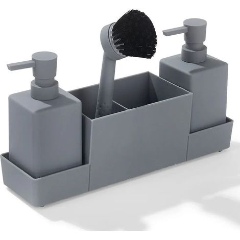(Gris) Distributeur de savon de cuisine avec porte-éponge, adapté aux égouttoirs d'évier.
