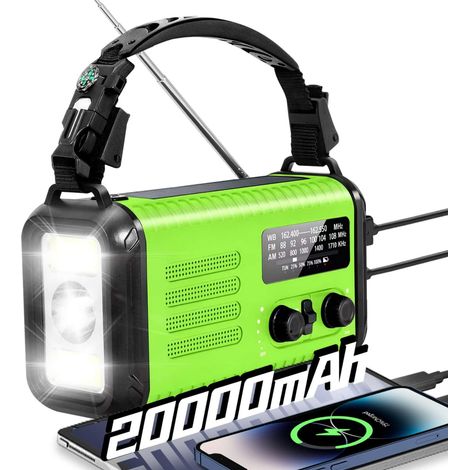 Radio à manivelle d'urgence, 20 000 mAh/74 000 mWh, radio météo solaire à manivelle avec NOAA/AM/FM, radio alimentée par batterie avec chargeur de téléphone portable, lampe de poche et SOS pour (1/5)