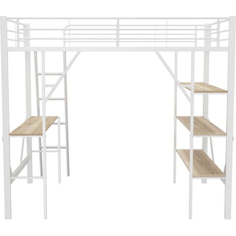 Cadre de lit métallique 90x200 cm, lit mezzanine avec bureau et trois grandes étagères, enfant ado adulte, blanc, matelas non inclus (1/5)