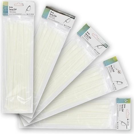 Sachet de 100 serre-câbles blancs 3,6 x 300 mm, 100% nylon 66, résistants et durables, parfaits pour attacher, organiser et sécuriser des objets.