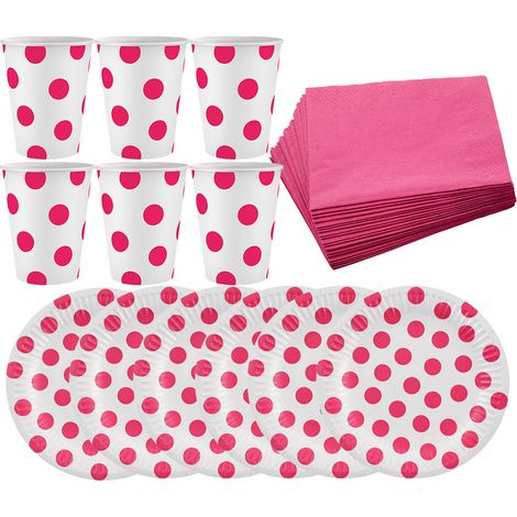 Geschirrset mit Tellern, Tassen und Servietten, rosa gepunktet (1/4)