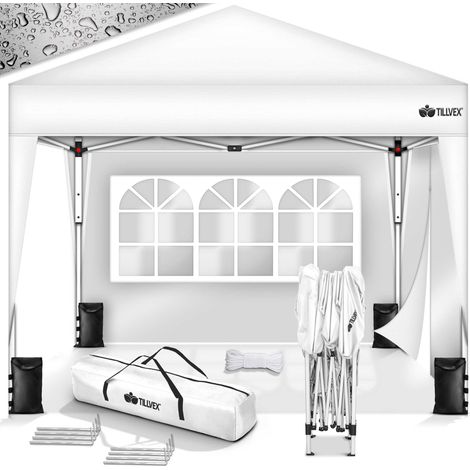 tillvex Pavillon 3x3m Weiß wasserdicht mit 2 Seitenteilen + 4er Set Sandsäcke Pop-Up Faltpavillon stabil & höhenverstellbar Gartenzelt UV Schutz 50+ Partyzelt mit Tasche für Garten