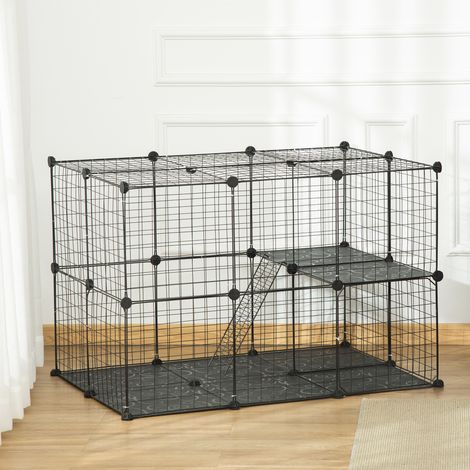Cage modulaire à plusieurs niveaux pour lapins et cochons d'Inde, avec 3 portes et grillage en acier. Noire.