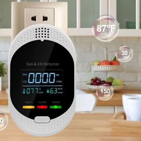 4-in-1 detector with temperature, humidity, carbon monoxide and gas alarm, gas detector for long wall socket, intended for indoor use (1/5)