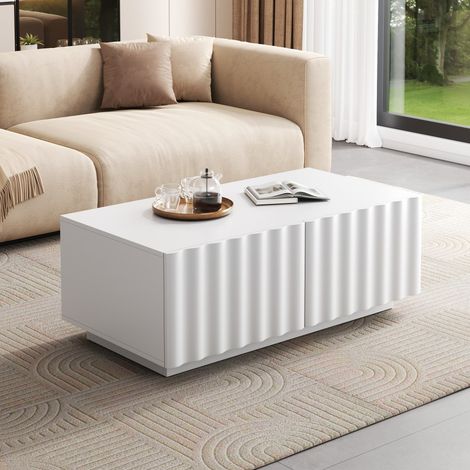 Table Basse - 100x50x40cm - 2 tiroirs de rangement chic design motif de vagues relief moderne salon séjour - Blanc (1/5)