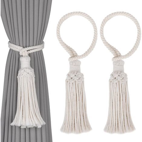 2 Pièces Attaches de Rideaux Décoratives Boho Tissées à la Main en Coton sans Perçage Supports de Rideaux avec Glands Corde de Rideau et Embrasses à Glands pour Rideaux Style Naturel (Beige)