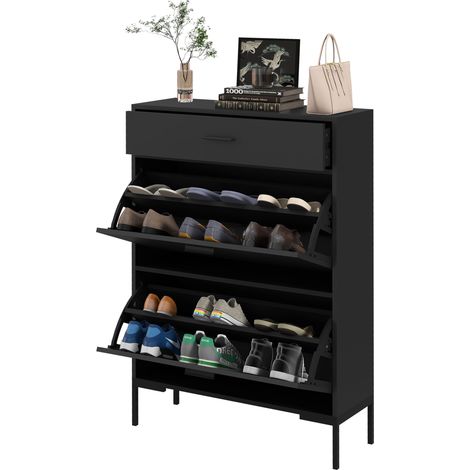 Three Drawer Slim Shoe Storage Cabinet, 12 Shoe Pairs Black (1/5)