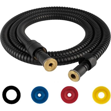Flexible de Douche 2M Tuyau de Douche en Acier Inoxydable Noir Raccord Fileté Universel (G1/2"), Anti-Torsion et Anti-Pliure, Flexible Douchette avec 4 Limiteur de Débit d'Eau (1/5)