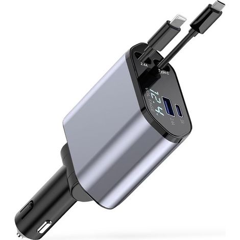 Cargador de coche retráctil 4 en 1: cargador USB-C de 120 W para encendedor de cigarrillos con encendedor USB-C y cable retráctil de 90 cm,90 cm (1/5)