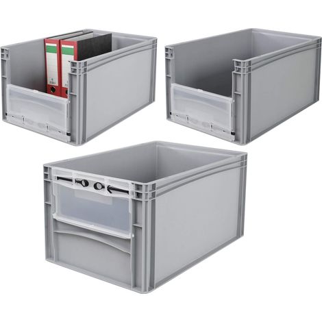 BRB Lot de 3 boîtes Euro avec ouverture et rabat de verrouillage sur le devant, 600 x 400 x 320 mm, gris