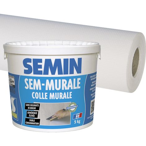 Colle en pâte pour toiles de verre Semin - prête à l'emploi - seau de 10 kg et toile de verre Sem Toile Eco T 023 - motif maille - 25 m x 1 m