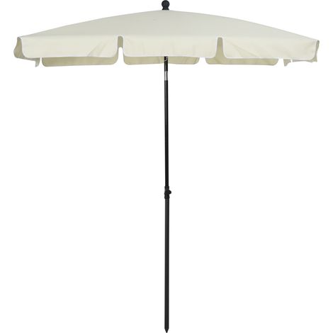 Sombrilla de jardín rectangular inclinable de 2 x 1,3 m, con faldones y mástil de aluminio, en color crema y blanco roto.