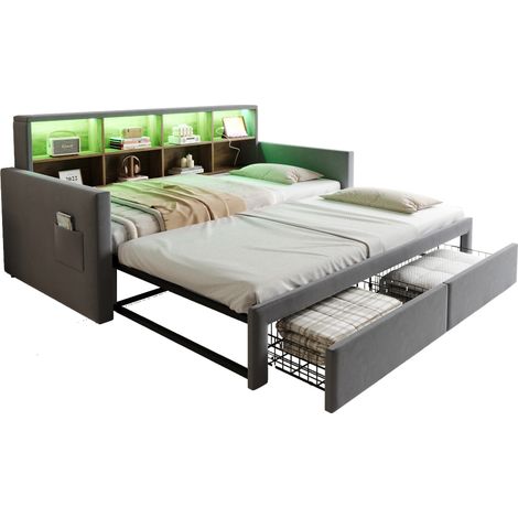 CHICFURN Canapé-lit 90x190 cm en velours gris foncé, avec tête de lit rangements, LED, prises USB/Type-C, 2 tiroirs, lit extensible et sommier à lattes (1/5)