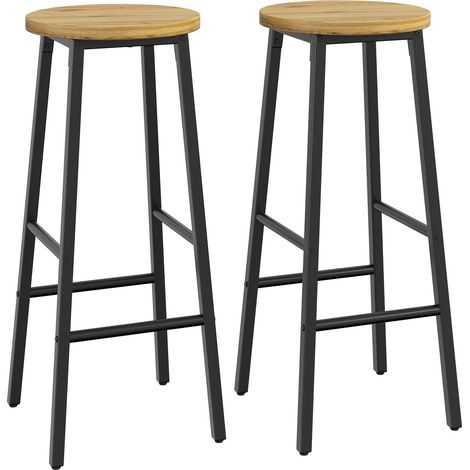 2-Set Barhocker mit Holzoptik-Sitz, 70cm, belastbar bis 150kg pro Hocker, mit zwei Fußstützen & verstellbaren Füßen, schwarzer Metallrahmen (1/5)