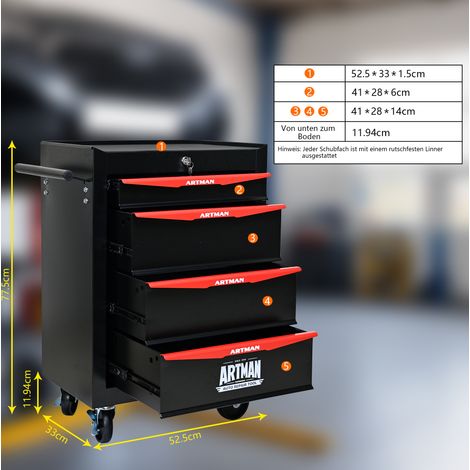 Fahrbarer Metall-Werkzeugschrank mit 4 Schubladen, 508 mm (20 Zoll) Werkzeugschrank mit 4 Schubladen und kugelgelagerten Schubladenführungen, organisierende Stahl-Werkzeugbox – schwarz-rot (1/5)
