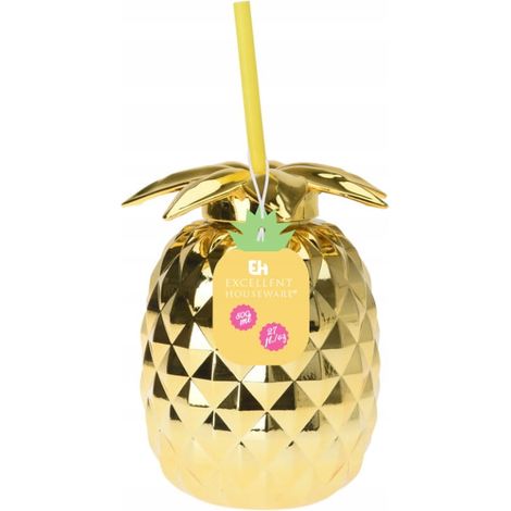 Tazza dorata con cannuccia a forma di ananas, 500 ml, in plastica.