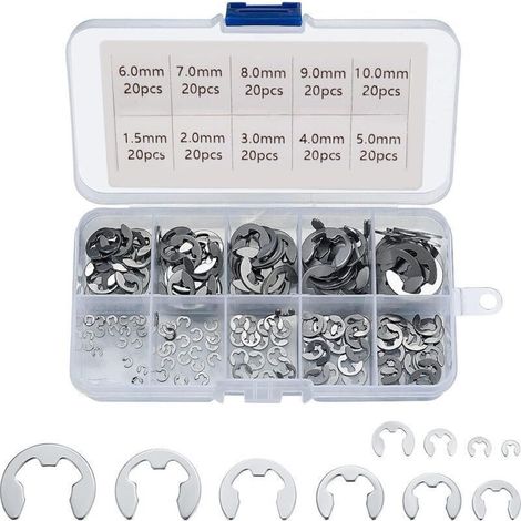 Anillo E Clip de acero inoxidable 304, surtido de anillos de retención externos de 1,5/2/3/4/5/6/7/8/9/10 mm, diversos usos, 200 unidades. (1/5)