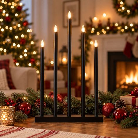 LED Tischlampe Weihnachtslicht Dekorationsleuchte 5-flammig Schwarz Holz H 64 cm