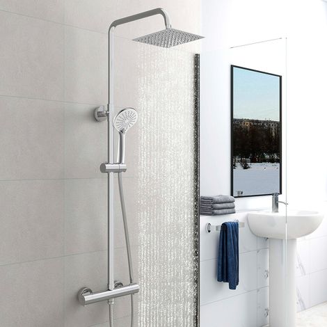 AICAIT Cromato Colonna Doccia con Miscelatore Termostatico, Set Doccia Termostatico, Set Doccia a Pioggia con Soffione Quadrato 20x20 cm e Doccetta a 3 getti