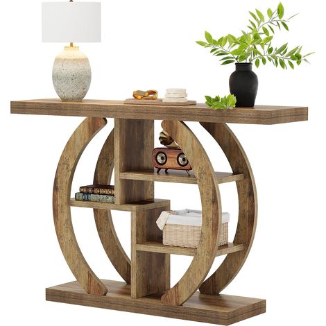 Tribesigns Table console à 4 niveaux, 108 cm, avec base circulaire, en bois avec étagères de rangement, pour salon, couloir, foyer, chêne clair marron (1/5)
