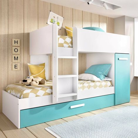 Dmora - Composición del dormitorio Hikaa, Dormitorio completo, Dormitorio infantil, Conjunto de muebles de puente, 244x112 h150 cm, Azul claro y Blanco (1/5)