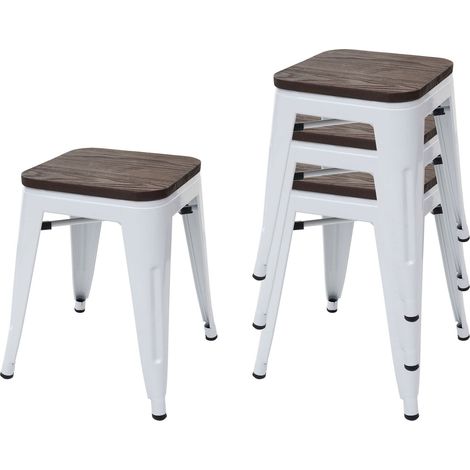 Lot de 4 tabourets bas design industriel empilables assise en bois en métal blanc 040005229