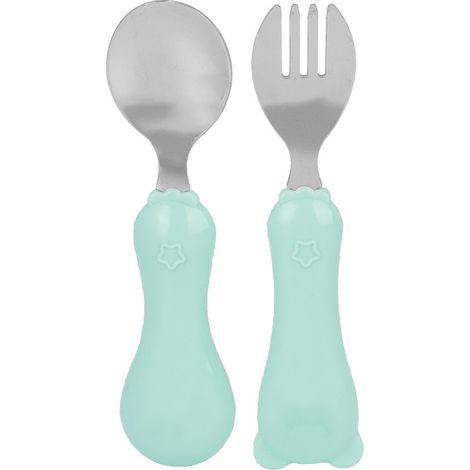 Lot de 2 couverts bébé en acier inoxydable : fourchette mignonne et cuillère portable pour enfants, design cartoon bleu. (1/5)