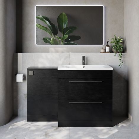 Napoli 460 Nero Oak 1300mm 2 Drawer Vanity Unit Toilet Suite with Glide Basin - 1300mm - Gunmetal Grey 480mm HandleWithout Kingston Toilet Pan
