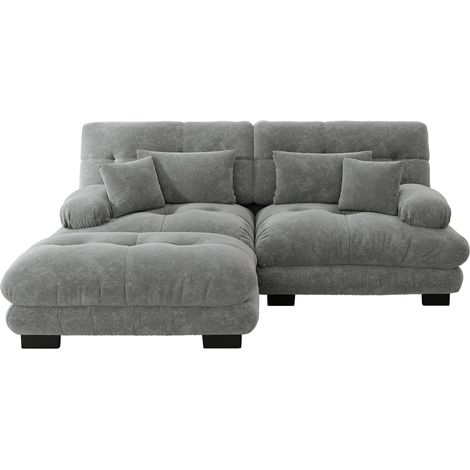 Sofá esquinero modular Cloud de chenilla gris con 2 cojines lumbares, 2 decorativos y ottomana (1/5)