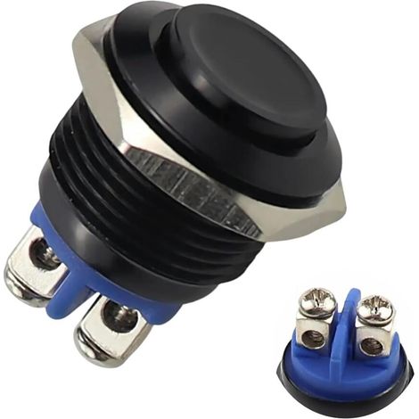 Schwarzer Metall-Drucktaster 16mm momentan 12V, 1A IP20 rostfrei, Schraubanschluss, Ein-Aus für DIY (1/5)