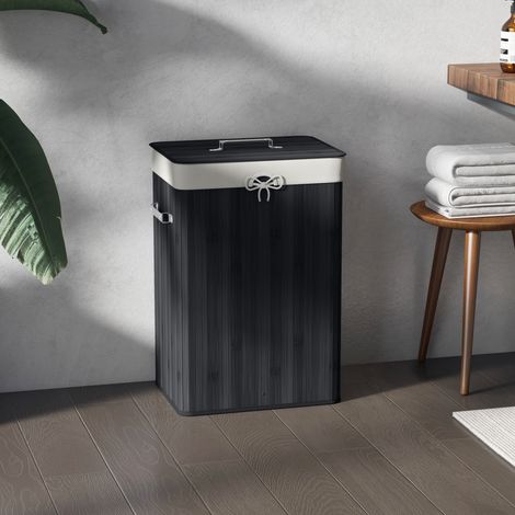 Cesto de ropa, caja de ropa sucia, cesta de ropa con tapa, bolsa de lona, bambú, plegable, 72 L, negro, 40 x 30 x 60 cm