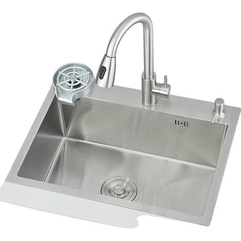 Évier de cuisine, acier inoxydable, design à un seul bol, Nickel brossé (1/2)