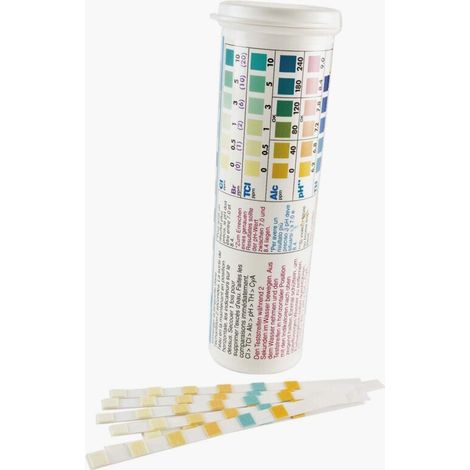 Schwimmbad-Teststreifen – Packung mit 50 Stück – 6 Tests: Chlor, pH-Wert, Alkalität, Härte, Cyanursäure – Gebrauchsfertig (1/3)