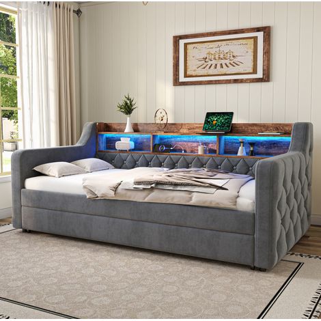 DESVIAE Canapé lit gigogne en velours gris foncé avec rangement éclairage LED réglable port USB type C et structure en bois et métal pour chambre d amis (1/4)