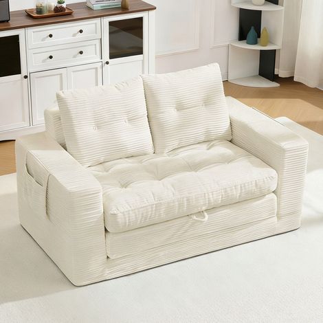 Sofá 2 plazas convertible en cama, con amplios reposabrazos y bolsillos laterales, beige, OKWISH (1/5)