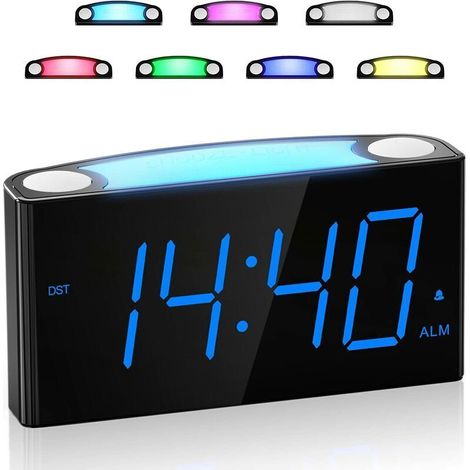 Réveil numérique puissant, grand écran LED, veilleuse 7 couleurs, gradateur, 2 ports de charge USB (1/5)