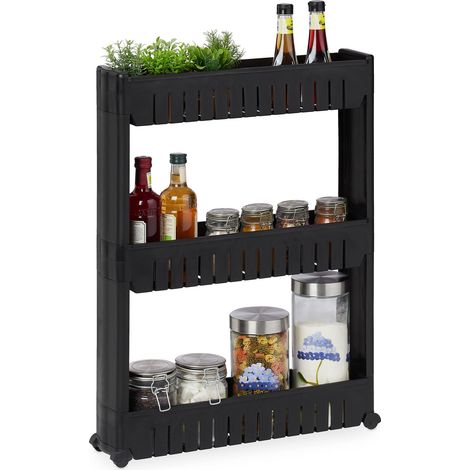 Étagère de Cuisine à roulettes, 3 Niveaux, Rangement étroit, Bain, 71x12,5x54 cm, Plastique, Noir (1/5)
