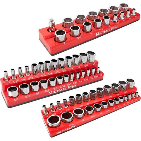 MichaelPro MP014003 - Chiave a bussola, magnetica, 3 pezzi, 1/4", 3/8" e 1/2" SAE per chiavi a bussola, qualità professionale – Set di chiavi a bussola per cassetta degli attrezzi (SAE), rosso (1/4)