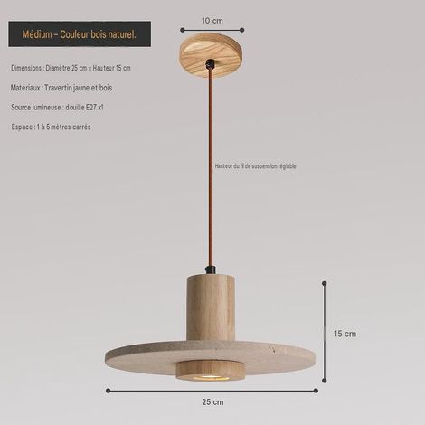 Suspension Y format moyen bois naturel, pierre travertin noyer, E27 220V, lumière tricolore