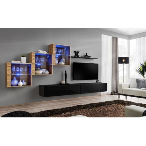 Ensemble mural - Switch XX - 3 vitrines - 2 bancs TV - 1 étagère - Bois et noir - Modèle 1 - Livraison gratuite