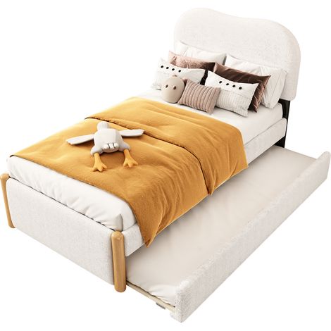 Letto Singolo con Letto Estraibile, 90 x 200 cm, Rivestito in Peluche, senza Materasso, Bianco (1/5)